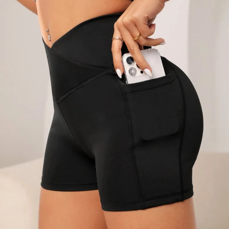 Shorts Fitness sem costura - Com bolso, Cintura Alta e Esportes Elásticos