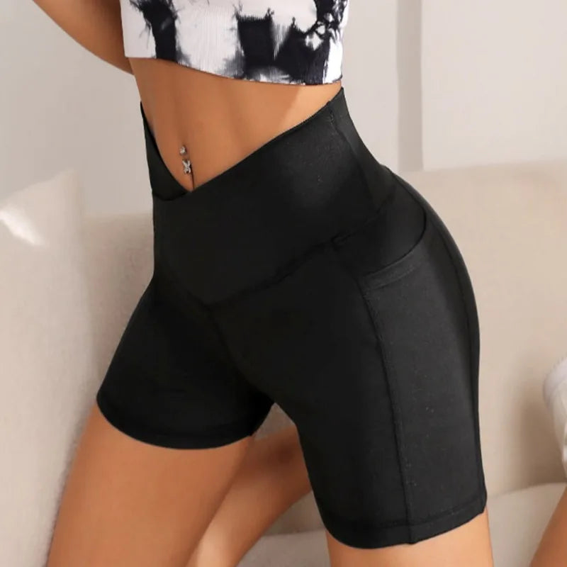 Shorts Fitness sem costura - Com bolso, Cintura Alta e Esportes Elásticos