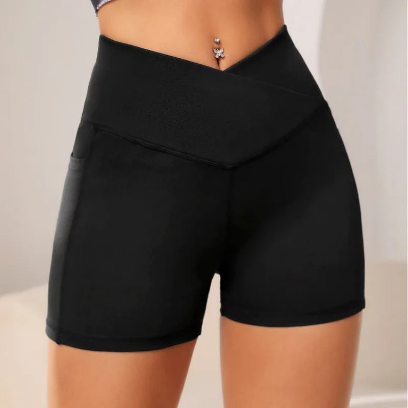 Shorts Fitness sem costura - Com bolso, Cintura Alta e Esportes Elásticos